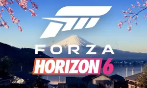 Logo Forza Horizon 6 na tle góry Fudżi i kwitnących wiśni. Gra dostępna na PS5.