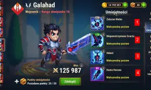 Galahad, wojownik z gry Hero Wars Online, gotowy do walki z potężnym mieczem. Jego umiejętności są na maksymalnym poziomie.