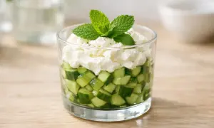 Une délicieuse entrée froide : dés de concombre frais et crémeux, surmontés de fromage blanc et d'une touche de menthe.