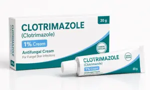Tube et boîte de crème antifongique Clotrimazole 1% pour le traitement mycose.