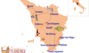 Carte touristique de la Toscane, Italie, avec des icônes de monuments, de gastronomie et de paysages. Elle montre un itinéraire reliant Florence, Pise, Sienne et d'autres villes.