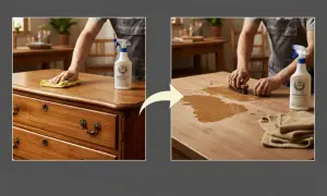 Demostración de cómo limpiar muebles de madera: un lado muestra un mueble pulido, el otro, el proceso de limpieza con cepillo y producto.