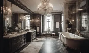 Lussuoso bagno alla francese con vasca in stile antico, doppio lavabo e grande lampadario di cristallo.