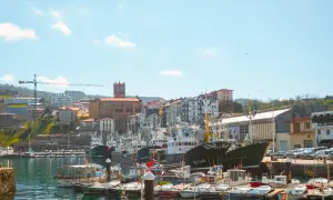 Puerto de Getaria, cerca de San Sebastián, con barcos de pesca amarrados y edificios pintorescos en la colina.