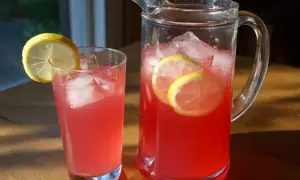 Ett glas och en karaff med rabarbersaft med citron och is. Perfekt för en solig sommardag.