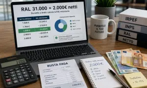 Calcolo RAL metalmeccanico: laptop mostra tabelle e grafici per determinare il lordo partendo dal netto. Busta paga, calcolatrice e euro completano la scena.