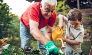 Nonni che vogliono stare soli con i nipoti, in giardino, insegnano a innaffiare le piantine.