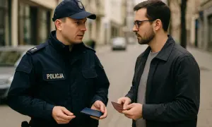 Policjant w mundurze z napisem "POLICJA" legitymuje mężczyznę, który podaje mu dokument. Podstawa prawna legitymowania jest kluczowa w tej sytuacji.