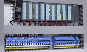 Panel sterowania z modułami PLC i rzędami przekaźników bezpieczeństwa. Wiele zielonych i żółtych diod LED świeci, wskazując stan pracy.