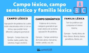 Diagrama explica campo léxico, semántico y familia léxica. El campo léxico agrupa palabras por tema, como familia: madre, padre, hogar.