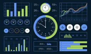 Tableau de bord affichant des graphiques, des horloges et des statistiques sur le temps de conduite et de repos.