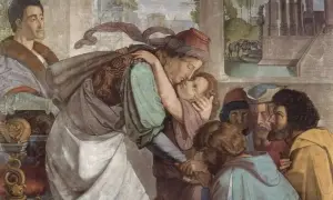 Scena z malowidła: matka obejmuje dziecko, obok mężczyźni. To jak streszczenie księgi rodzaju, pełne emocji i historii.