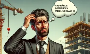 En man i kostym kliar sig i huvudet vid en byggarbetsplats, funderande på vad som hände med ljudklass C.