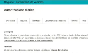 ZBE Barcelona: información sobre autorizaciones diarias para vehículos que no cumplen requisitos. Permisos para circular en zonas de bajas emisiones.