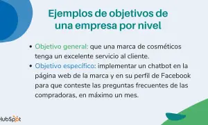 Ejemplos de objetivos de una empresa: general (excelente servicio al cliente) y objetivos específicos (implementar chatbot en web y Facebook para responder preguntas frecuentes en un mes).