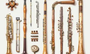 Kolekcja instrumentów dętych blaszanych, w tym saksofon, klarnet i inne, prezentuje bogactwo form i materiałów.