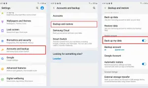 Ajustes de Android para recuperar archivos borrados. Muestra la ruta: Cuentas y respaldo > Respaldo y restauración > Respalda mis datos.