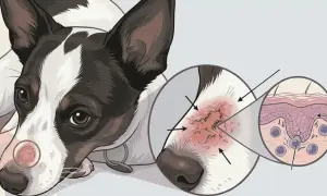 Illustration shows what ringworm looks like on a dog: a red, scaly patch with broken hairs on the nose, magnified to show skin layers.