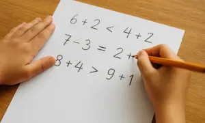 Dziecko pisze ołówkiem zadania matematyczne na kartce papieru.