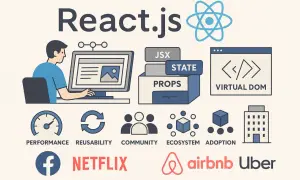 Développeur travaillant sur un projet React web, illustrant les concepts clés comme JSX, State, Props, Virtual DOM, performance, réutilisabilité, communauté, écosystème et adoption.