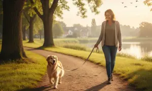 Eine Frau geht mit ihrem fröhlichen Golden Retriever an der Leine einen Weg entlang. Die Sonne scheint durch die Bäume und wirft lange Schatten.