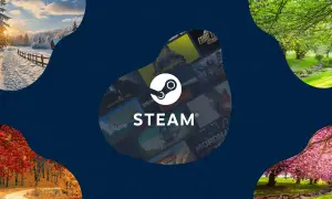 Logo Steam na tle kolaży okładek gier i zdjęć przyrody.