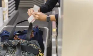 Przygotowanie nouvelair bagaż do kontroli. Ręce z etykietą nad torbami w tacce na lotnisku.