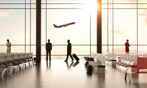 Menschen im Flughafen-Wartebereich, ein Flugzeug startet. Gute flug buchen tipps helfen, diese Szene zu vermeiden.