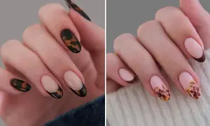 Dwa rodzaje manicure: jeden z wzorem imitującym żółwie, drugi z kwiatami. Oba w stylu brazowy french.