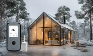 Modern glashus i skogen med enheter för att montera ventilation.
