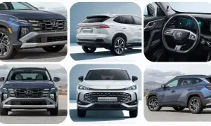 Szczegóły przodu i boku hyundai tucson hybrid. Widok z tyłu białego SUV-a i wnętrza z kierownicą MG.
