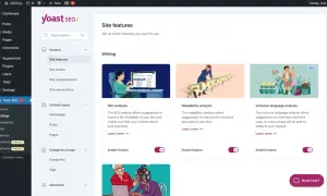 Panel Yoast SEO z opcjami darmowe widgety: analiza SEO, czytelności i języka inkluzywnego.