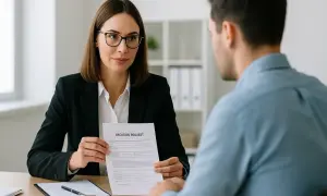 Kobieta w okularach trzyma dokument "VACATION REQUEST", dyskutując z mężczyzną, czy pracodawca może odmówić urlopu na żądanie.