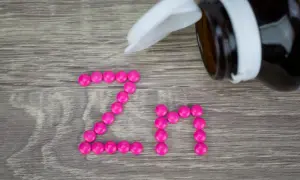 Różowe tabletki ułożone w napis "Zn" na drewnianym blacie. To suplement diety, który może pomóc w wielu aspektach zdrowia.