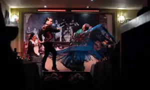 Una cantaora flamenca, con un mantón azul vibrante, baila con pasión. A su lado, un hombre la acompaña en el escenario.