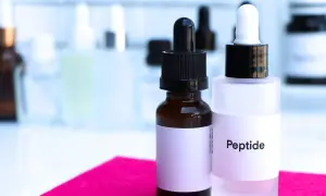 Dwie buteleczki z pipetkami, jedna z napisem "Peptide", sugerują zawartość peptydów miedziowych, kluczowych składników w pielęgnacji skóry.
