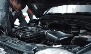 Mechanik w kombinezonie pracuje przy silniku samochodu, być może wykonując procedurę jak odpowietrzyć sprzęgło.