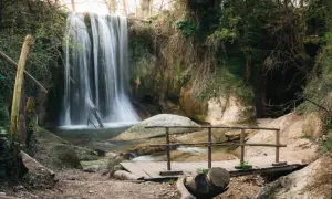 Cascata incantevole, le cascatelle di Sarnano creano un'atmosfera magica con la loro acqua impetuosa che scende tra rocce e vegetazione lussureggiante. Un piccolo ponte di legno invita all'esplorazione.