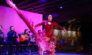 Bailarina de rumba flamenco con vestido rojo y volantes, moviendo un chal rosa. Músicos tocan guitarra y palmean al fondo.