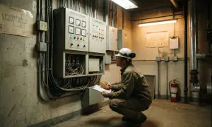 Pracownik w kasku sprawdza instalację wentylacyjną i system oddymiania. Dba o ochronę przeciwpożarową i BHP.