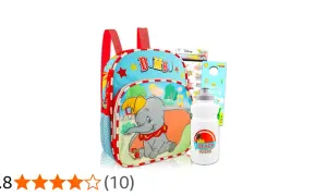 Mochila azul de Dumbo con botella de agua blanca y pegatinas.