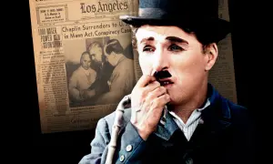 Charlie Chaplin, en ikon från chaplin film klassiker, syns bredvid en tidningsrubrik om hans överlämnande i en rättssak.