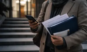 Mężczyzna sprawdza na telefonie, ile czasu na apelację od wyroku. Trzyma dokumenty i notatnik.
