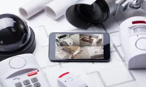 Kit d'alarme à installer soi même : caméra, détecteur de mouvement, centrale et smartphone affichant les flux vidéo.