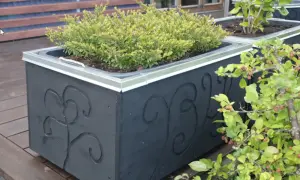 Svart blomlåda med dekorativa snirkar, perfekt för att bygga en murarbalja med grönska.