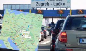 Trasa z Polski do Medjugorie przez Zagrzeb. Mapa pokazuje drogę z Krakowa do Chorwacji, a w tle widoczna jest autostradowa bramka w Zagrzebiu.