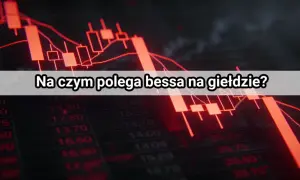 Czerwony wykres giełdowy z napisem "Na czym polega bessa na giełdzie?". Spadek cen akcji, czyli bessa, to trudny czas dla inwestorów.