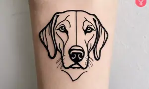 Minimalistyczny tatuaż przedstawiający pysk labradora. Czarna, prosta kreska podkreśla łagodne spojrzenie psa.