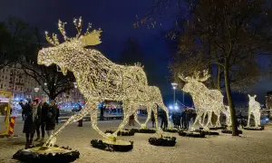 Julaktiviteter Stockholm: Ljusdekorerade älgar lyser upp en snöig kväll.