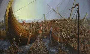 En dramatisk målning av slaget vid Svolder, med vikingaskepp fyllda av krigare som strider på havet.